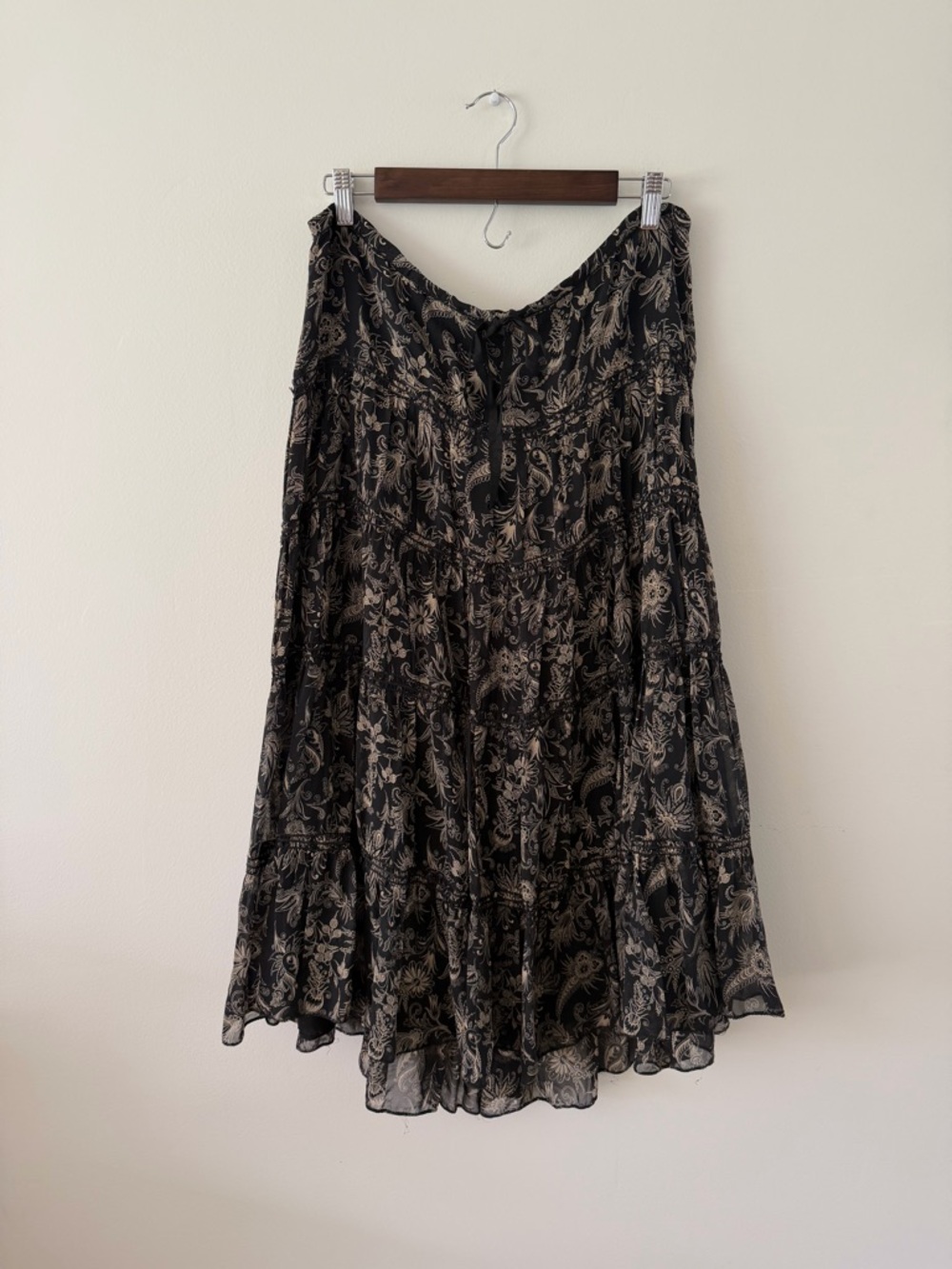 100% Silk 90s Vintage Flowy Boho Cottage Peasant Whimsy Tiered Midi Skirt Medium